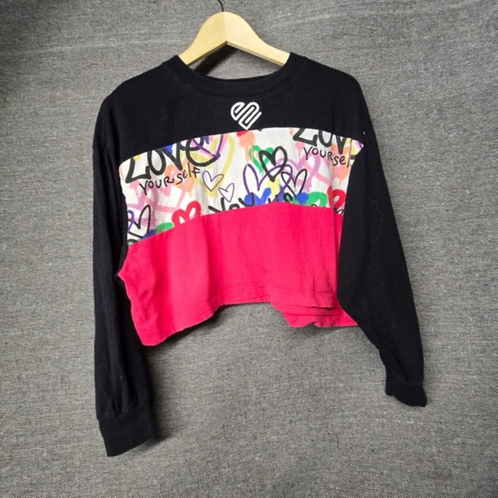 Justice Girls Cropped Long‎ Sleeve Shirt Black Pink Heart Graffiti Size M 10